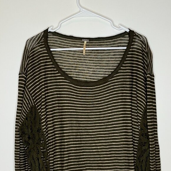 Free People M Striped Long Sleeve Top Olive Lace Accents Cotton Blend Womens Boh - Picture 3 of 9